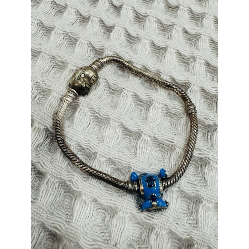Pandora Disney Stitch Charm Bracelet Silver Tone Snake Chain 5.75"